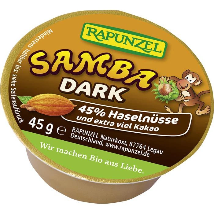 Rapunzel Brotaufstrich Samba Dark, BIO, Zartbitter Schoko-Nuss-Creme, 11 Stück, 495g 2 Rapunzel Brotaufstrich Samba Dark, BIO, Zartbitter Schoko-Nuss-Creme, 11 Stück, 495g – Bild 2
