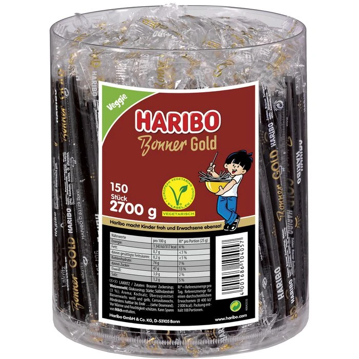 Haribo Lakritz Bonner Gold Stangen, 150 Stück, 2,7kg, Dose 1 Haribo Lakritz Bonner Gold Stangen, 150 Stück, 2,7kg, Dose