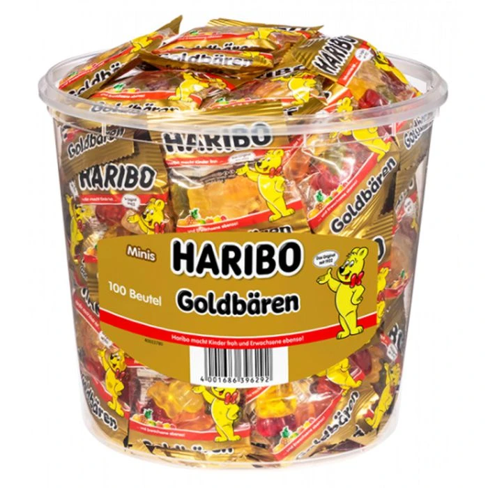 Haribo Goldbären Minis, Je 9,8g, 100 Minibeutel, In Dose 1 Haribo Goldbären Minis, Je 9,8g, 100 Minibeutel, In Dose